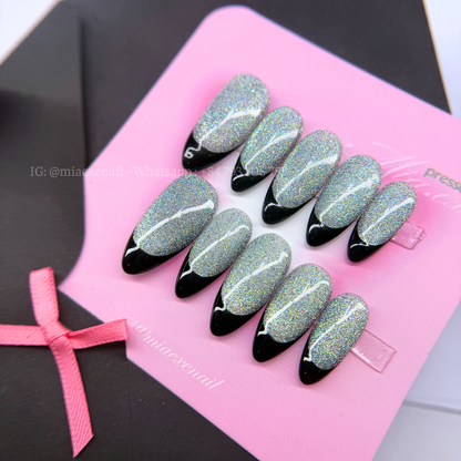 Press on Nails | Cat Eye with Black French Tip, Daily Nail Style, Almond Shape, Medium Length Luxury Handmade Fake Nails