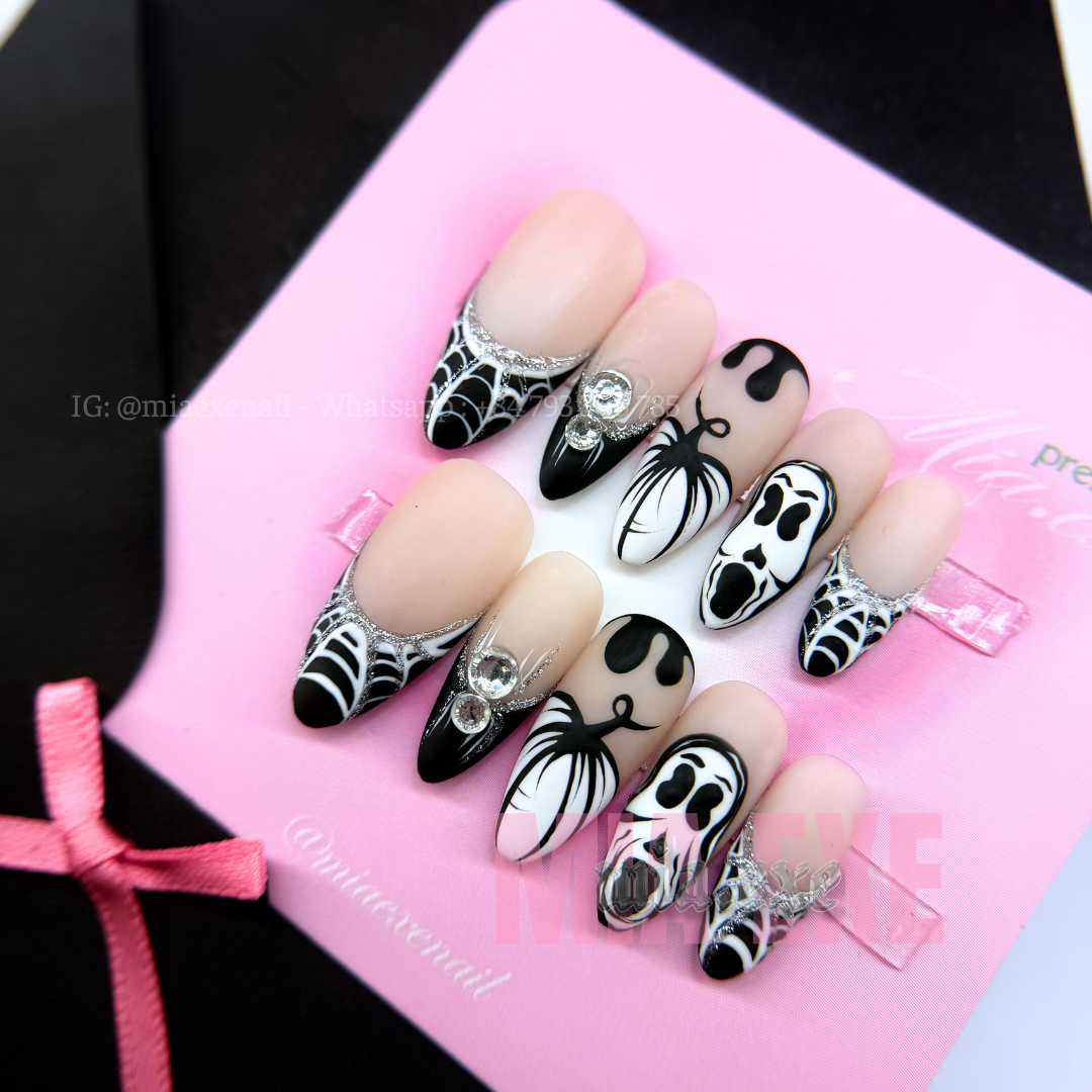 Press on Nails | Matte Spooky Halloween Ghostface & Spiderweb Art, Stiletto Shape, Medium Length Luxury Handmade Fake Nails