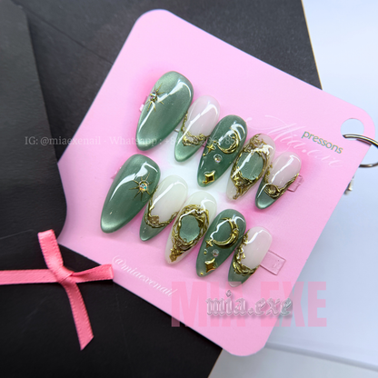 Press on Nails | Celestial Cat Eye with 3D Gold Chrome Baroque Art, Stiletto Shape, Medium Length Luxury Handmade Fake Nails