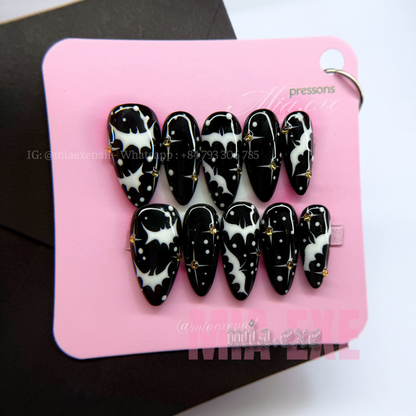Press on Nails | Spooky Black Halloween Art, Medium Almond Shape, Luxury Handmade Fake Nails