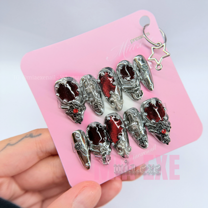 Handmade Gothic Red & Silver 3D Charm Press-on Nails