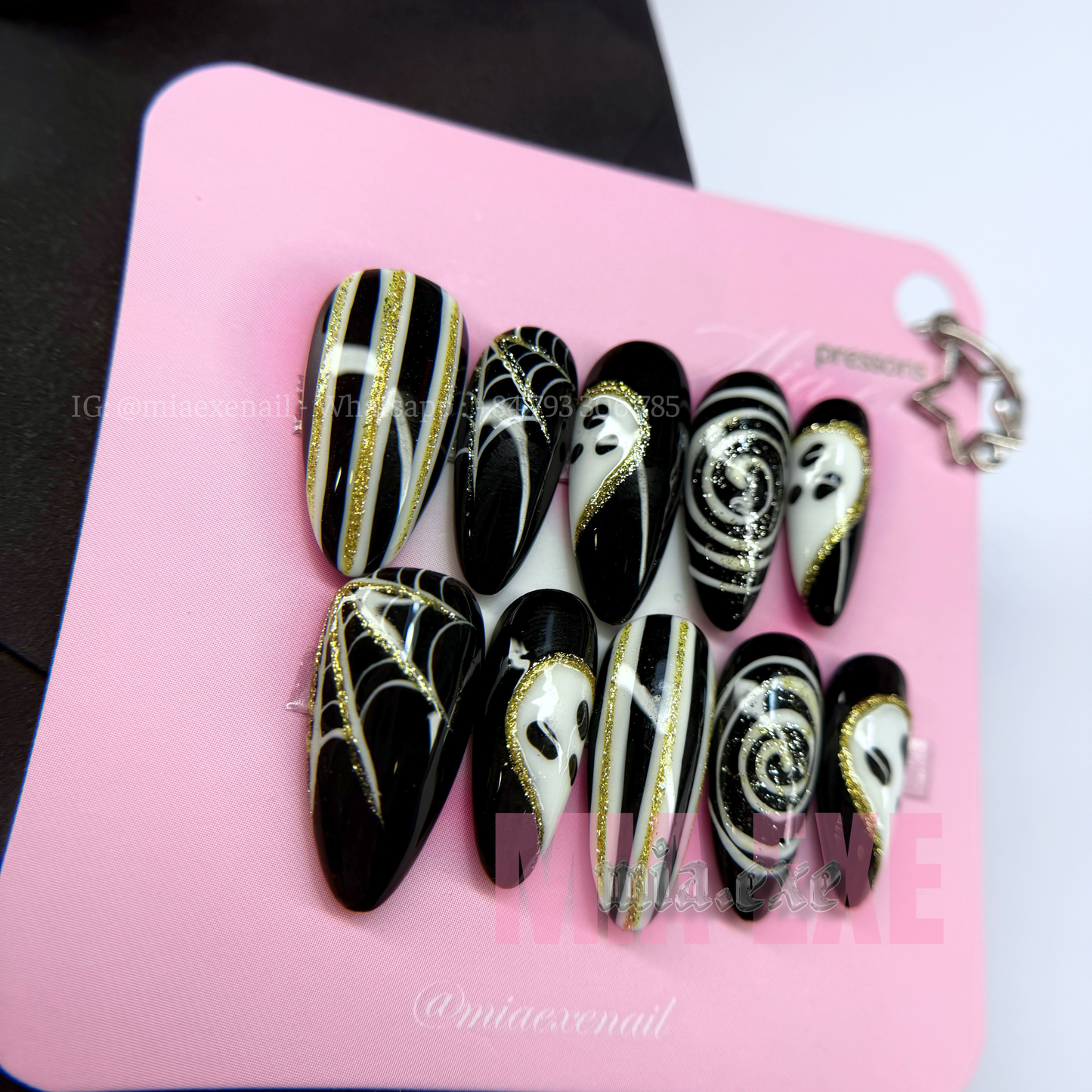 Press on Nails | Spooky Black & Gold Glitter Halloween Art, Medium Almond Shape, Luxury Handmade Fake Nails