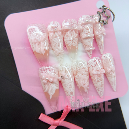 Press on Nails | White Lace Pattern with 3D Pink Bow & Pearl Accents, Daily Nail Style, Stiletto Shape, Medium Length Luxury Handmade Fake Nails