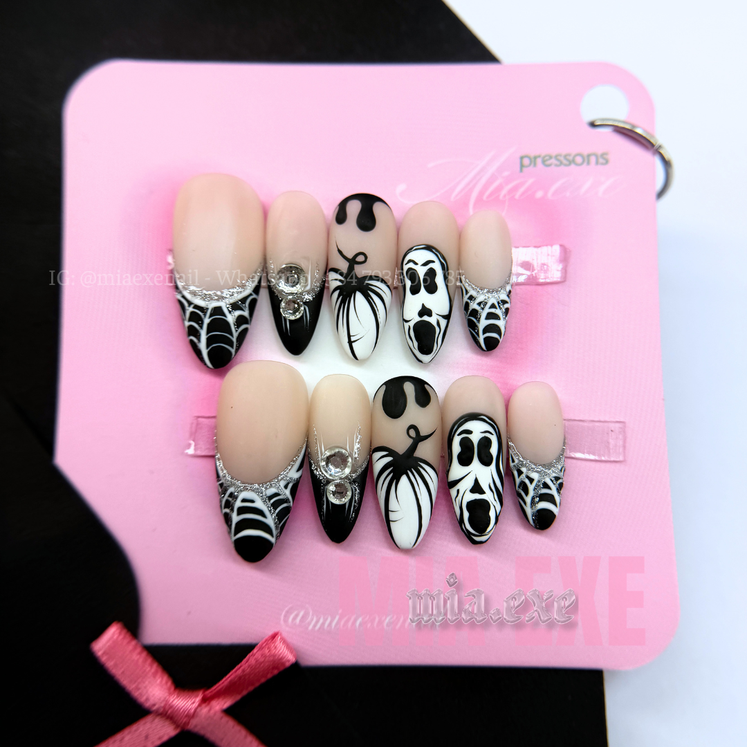 Press on Nails | Matte Spooky Halloween Ghostface & Spiderweb Art, Stiletto Shape, Medium Length Luxury Handmade Fake Nails