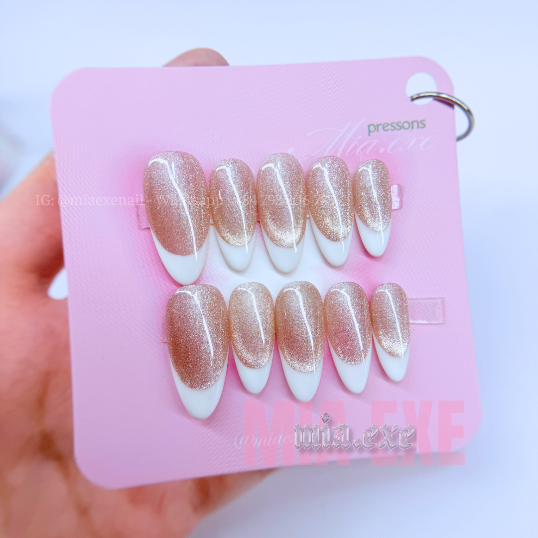 Press on Nails | Pink & Peach Cat Eye with Shimmering Magnetic Glow, Daily Nail Style, Almond Shape, Medium Length Luxury Handmade Fake Nails