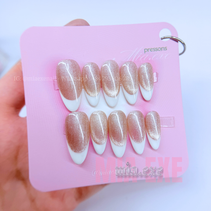 Press on Nails | Pink & Peach Cat Eye with Shimmering Magnetic Glow, Daily Nail Style, Almond Shape, Medium Length Luxury Handmade Fake Nails