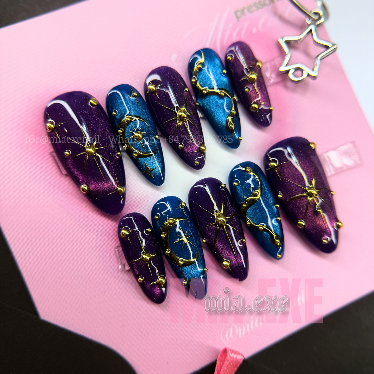 Press on Nails | Purple & Blue Cat Eye with Celestial Star & Moon Accents, Daily Nail Style, Stiletto Shape, Medium Length Luxury Handmade Fake Nails