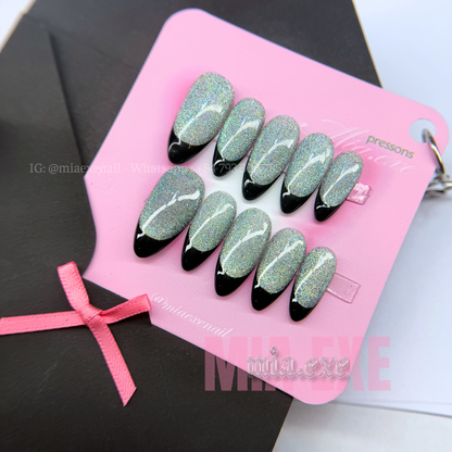 Press on Nails | Cat Eye with Black French Tip, Daily Nail Style, Almond Shape, Medium Length Luxury Handmade Fake Nails