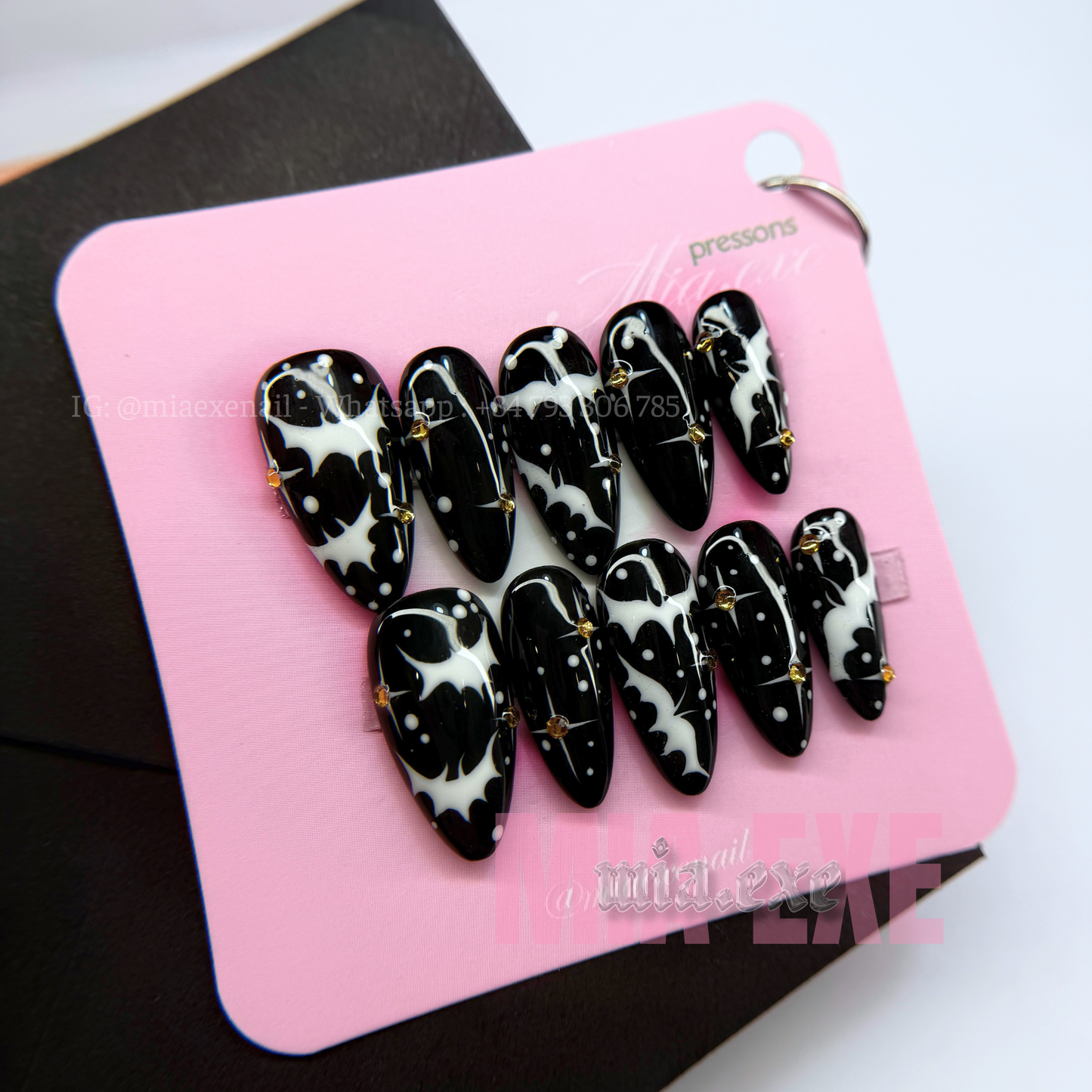 Press on Nails | Spooky Black Halloween Art, Medium Almond Shape, Luxury Handmade Fake Nails