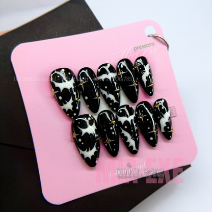 Press on Nails | Spooky Black Halloween Art, Medium Almond Shape, Luxury Handmade Fake Nails