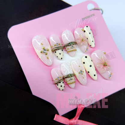 Press on Nails | White Lace Pattern with 3D Pink Bow & Pearl Accents, Daily Nail Style, Stiletto Shape, Medium Length Luxury Handmade Fake Nails