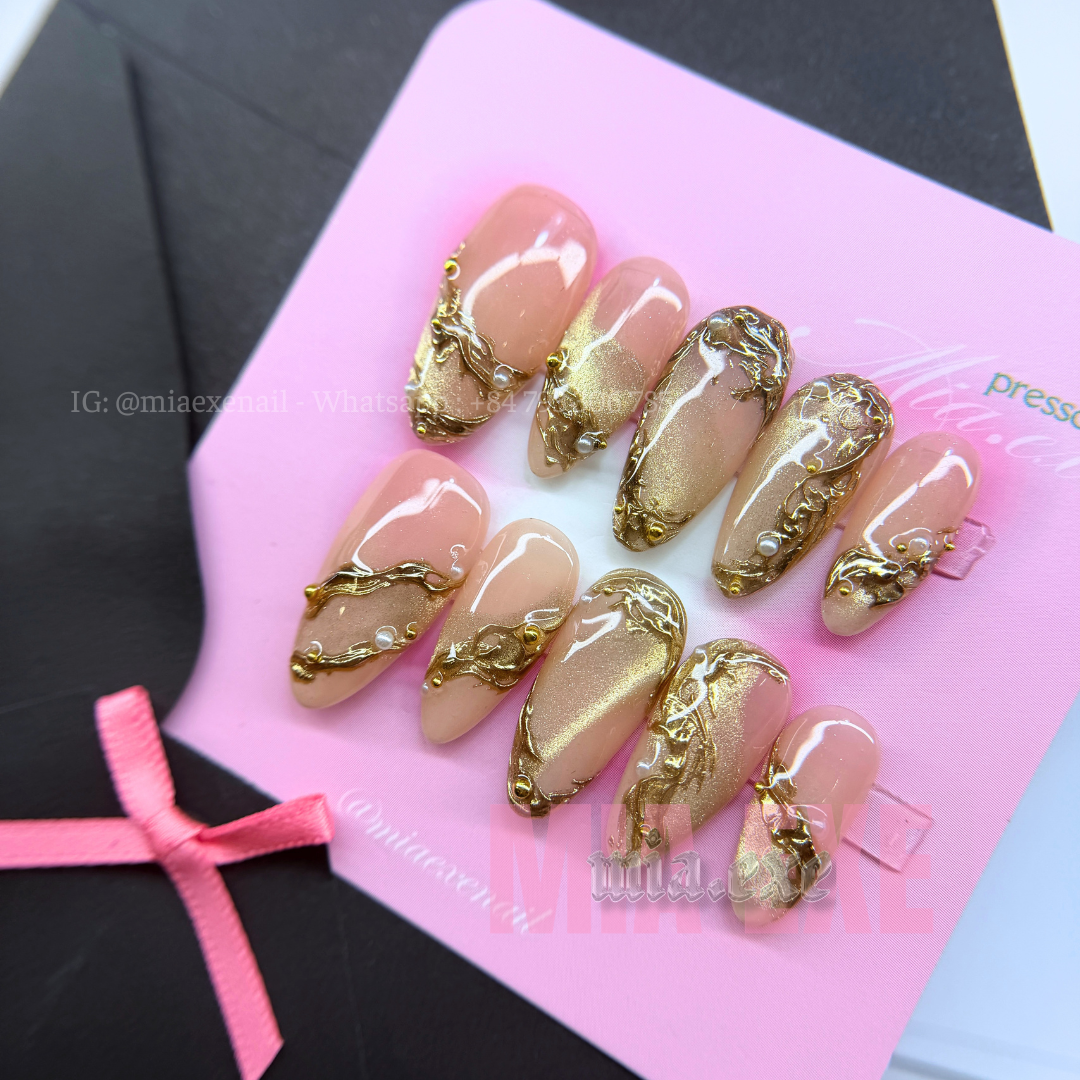 Press on Nails | Nude Cat Eye with Gold Swirl Lines & Pearl Accents, Daily Nail Style, Almond Shape, Medium Length Luxury Handmade Fake Nails