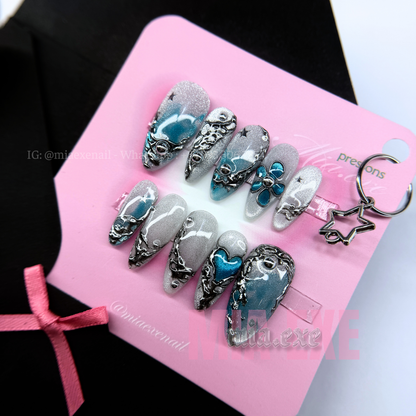 Press on Nails | Silver Cat Eye with Gothic Metal Art & Blue Gem Accents, Daily Nail Style, Almond Shape, Medium Length Luxury Handmade Fake Nails