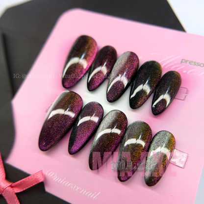 Press on Nails | Multi-Color Gradient Cat Eye with Shimmering Magnetic Glow, Daily Nail Style, Almond Shape, Medium Length Luxury Handmade Fake Nails