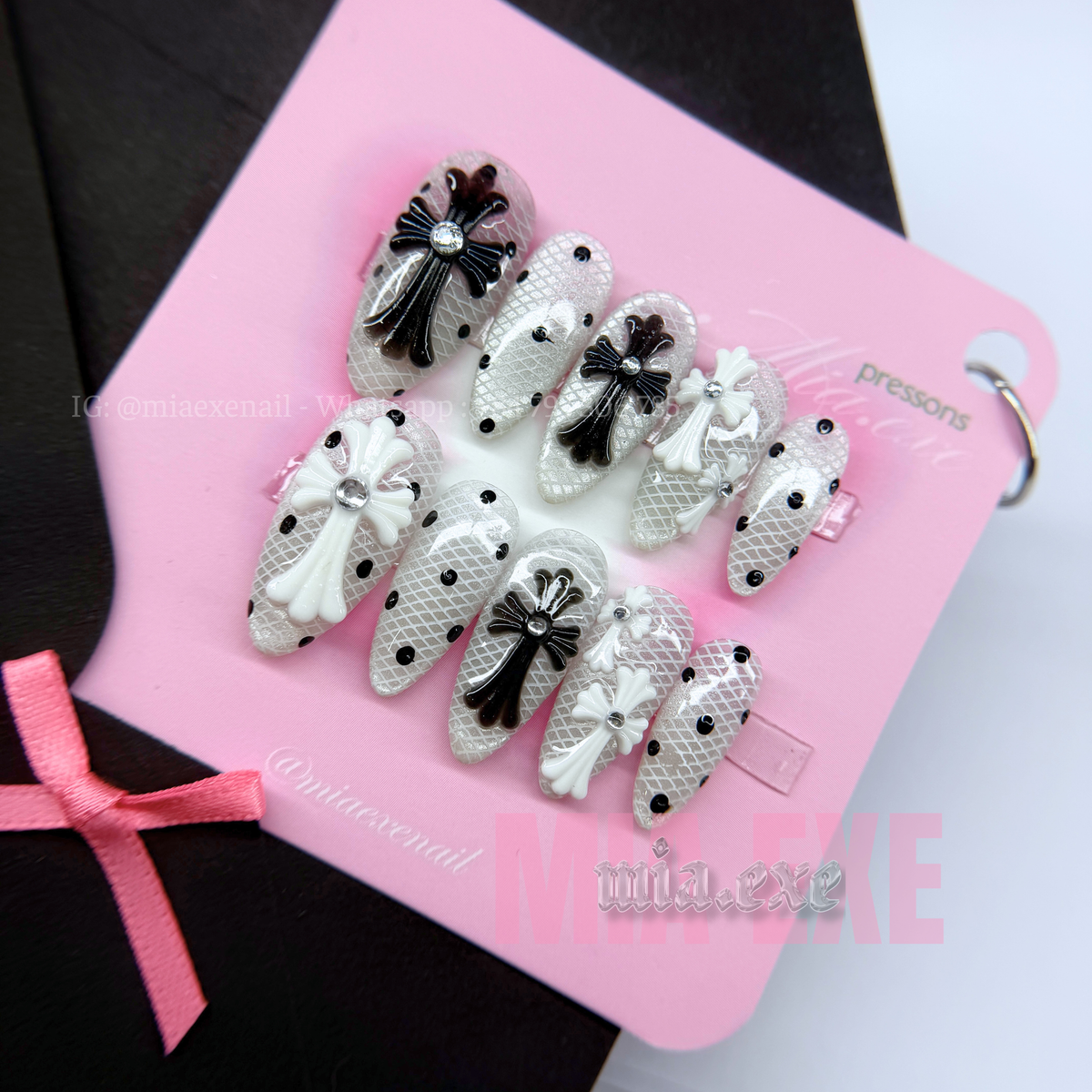 Press on Nails | Black & White Lace with 3D Gothic Cross Charms, Daily Nail Style, Stiletto Shape, Medium Length Luxury Handmade Fake Nails