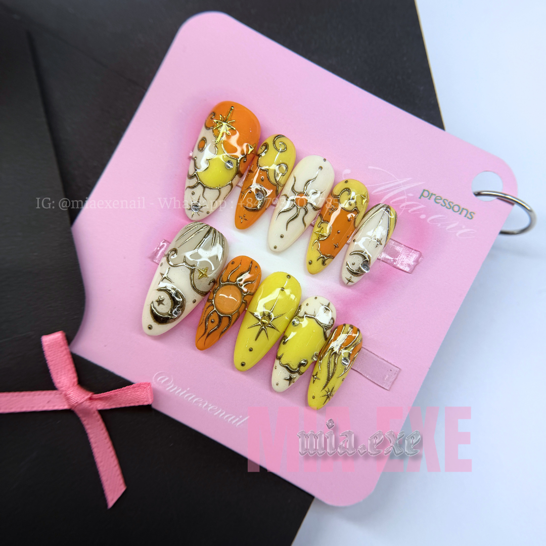 Press on Nails | Celestial Cat Eye with 3D Gold Chrome Baroque Art, Stiletto Shape, Medium Length Luxury Handmade Fake Nails