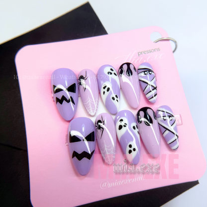 Press on Nails | Spooky Purple Halloween Art, Medium Almond Shape, Luxury Handmade Fake Nails