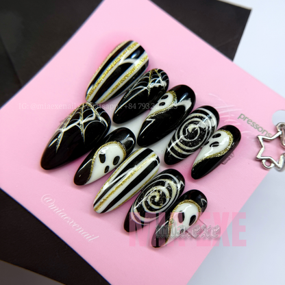 Press on Nails | Spooky Black & Gold Glitter Halloween Art, Medium Almond Shape, Luxury Handmade Fake Nails