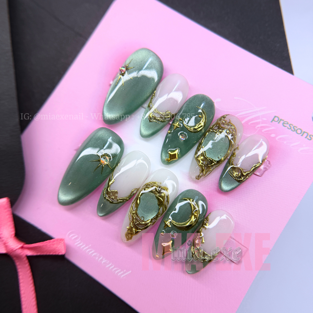 Press on Nails | Celestial Cat Eye with 3D Gold Chrome Baroque Art, Stiletto Shape, Medium Length Luxury Handmade Fake Nails