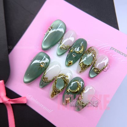 Press on Nails | Celestial Cat Eye with 3D Gold Chrome Baroque Art, Stiletto Shape, Medium Length Luxury Handmade Fake Nails