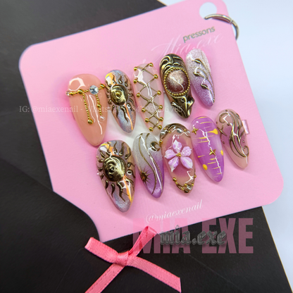 Press on Nails | Sun & Shimmer Cat Eye with Gold Charm & Mesh Art, Daily Nail Style, Stiletto Shape, Medium Length Luxury Handmade Fake Nails