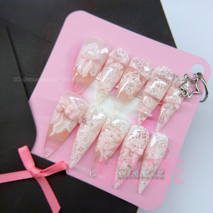 Press on Nails | White Lace Pattern with 3D Pink Bow & Pearl Accents, Daily Nail Style, Stiletto Shape, Medium Length Luxury Handmade Fake Nails