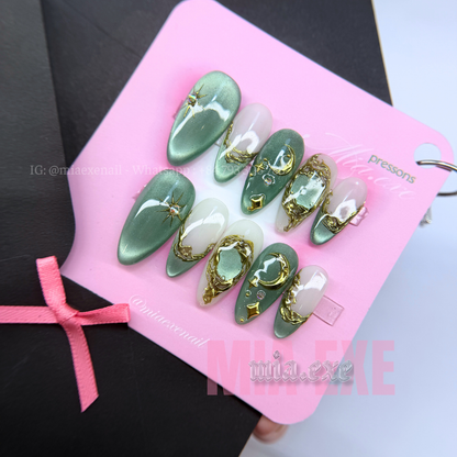Press on Nails | Celestial Cat Eye with 3D Gold Chrome Baroque Art, Stiletto Shape, Medium Length Luxury Handmade Fake Nails