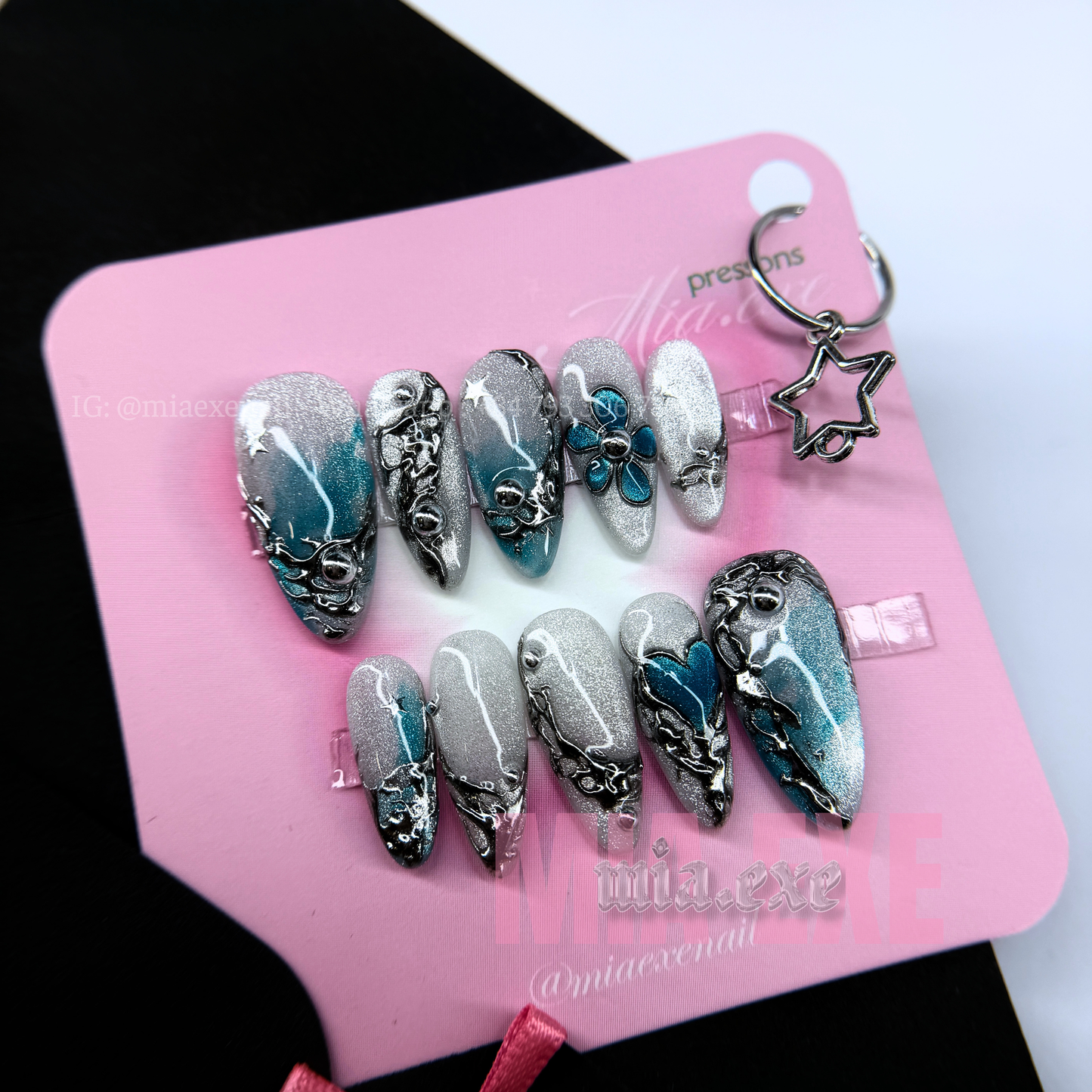 Press on Nails | Silver Cat Eye with Gothic Metal Art & Blue Gem Accents, Daily Nail Style, Almond Shape, Medium Length Luxury Handmade Fake Nails