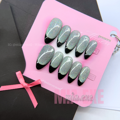 Press on Nails | Cat Eye with Black French Tip, Daily Nail Style, Almond Shape, Medium Length Luxury Handmade Fake Nails