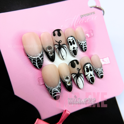 Press on Nails | Matte Spooky Halloween Ghostface & Spiderweb Art, Stiletto Shape, Medium Length Luxury Handmade Fake Nails