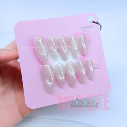 Press on Nails | Soft Pink Cat Eye with Shimmering Aurora Effect, Daily Nail Style, Almond Shape, Medium Length Luxury Handmade Fake Nails