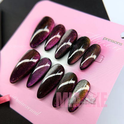 Press on Nails | Multi-Color Gradient Cat Eye with Shimmering Magnetic Glow, Daily Nail Style, Almond Shape, Medium Length Luxury Handmade Fake Nails