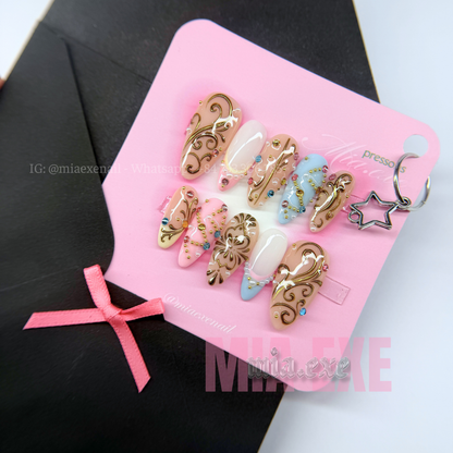 Press on Nails | Pastel & Shimmer Cat Eye with Gold Chain & Gem Accents, Daily Nail Style, Almond Shape, Medium Length Luxury Handmade Fake Nails
