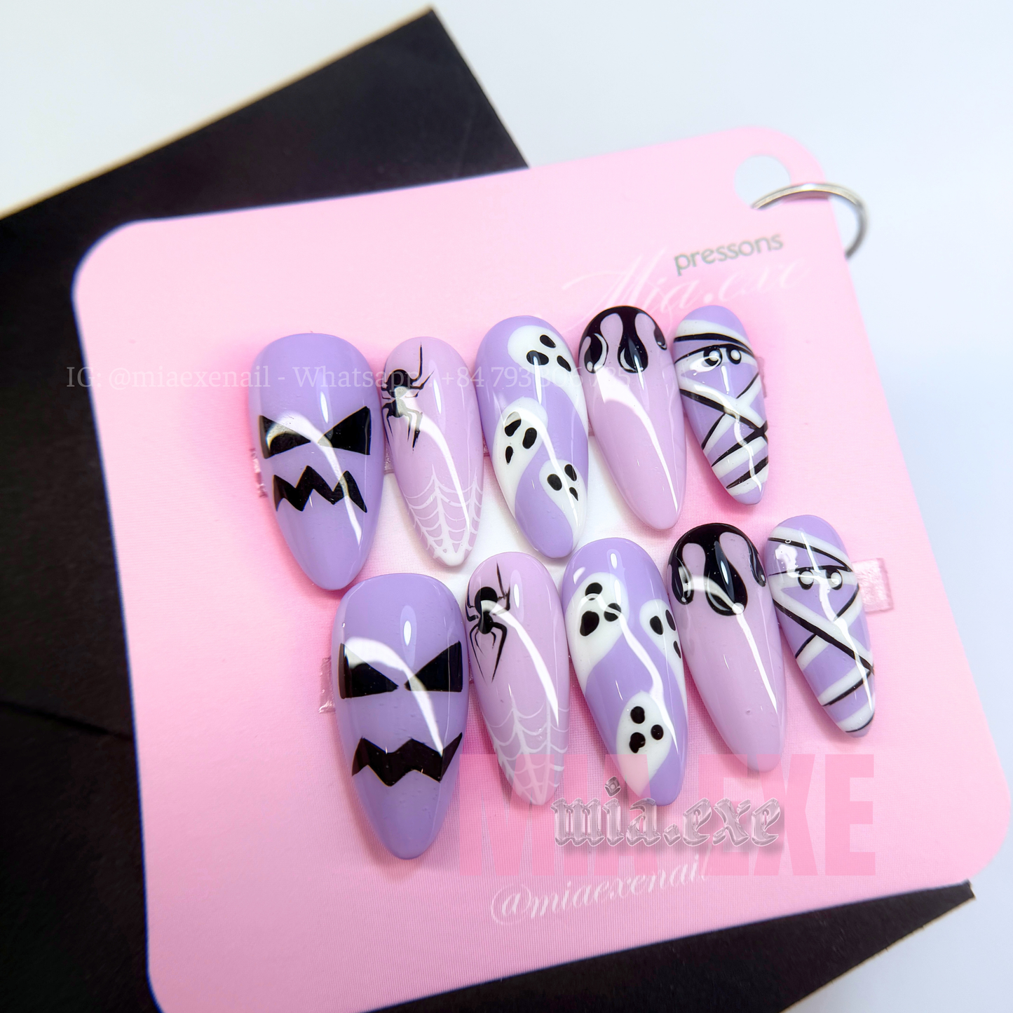 Press on Nails | Spooky Purple Halloween Art, Medium Almond Shape, Luxury Handmade Fake Nails