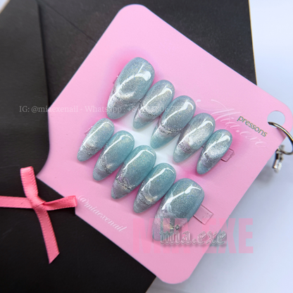 Press on Nails | Cat Eye with Pearlescent Alcohol Ink Marble Effect, Daily Nail Style, Almond Shape, Medium Length Luxury Handmade Fake Nails
