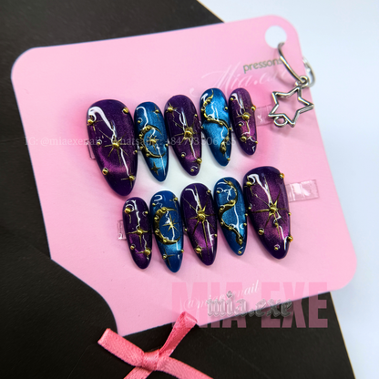 Press on Nails | Purple & Blue Cat Eye with Celestial Star & Moon Accents, Daily Nail Style, Stiletto Shape, Medium Length Luxury Handmade Fake Nails