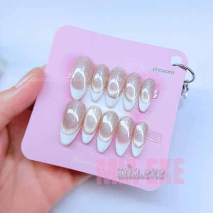 Press on Nails | Pink & Peach Cat Eye with Shimmering Magnetic Glow, Daily Nail Style, Almond Shape, Medium Length Luxury Handmade Fake Nails