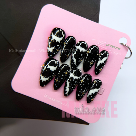 Press on Nails | Spooky Black Halloween Art, Medium Almond Shape, Luxury Handmade Fake Nails