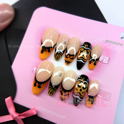 Press on Nails | Spooky Halloween Ghostface & Spiderweb Art, Stiletto Shape, Medium Length Luxury Handmade Fake Nails