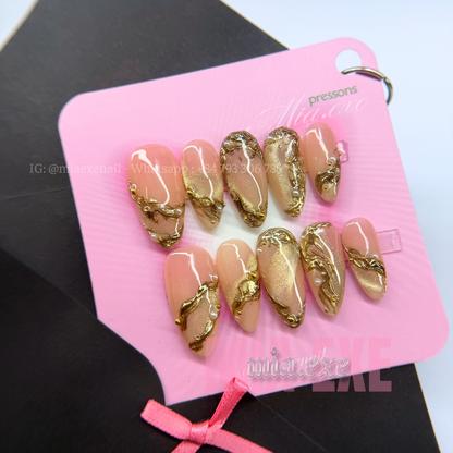 Press on Nails | Nude Cat Eye with Gold Swirl Lines & Pearl Accents, Daily Nail Style, Almond Shape, Medium Length Luxury Handmade Fake Nails