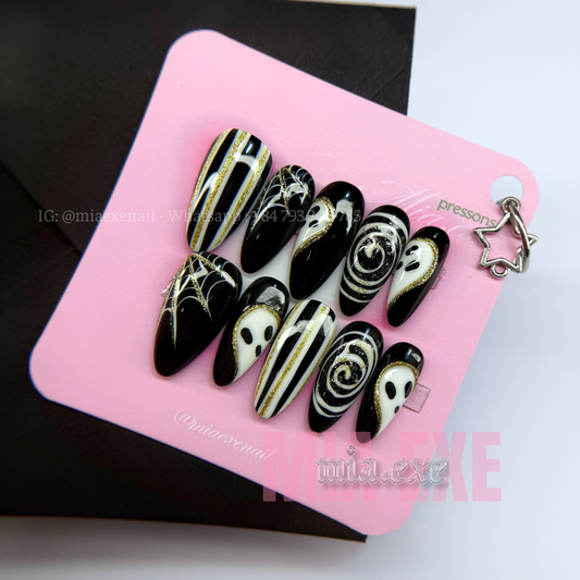 Press on Nails | Spooky Black & Gold Glitter Halloween Art, Medium Almond Shape, Luxury Handmade Fake Nails