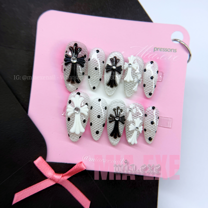 Press on Nails | Black & White Lace with 3D Gothic Cross Charms, Daily Nail Style, Stiletto Shape, Medium Length Luxury Handmade Fake Nails