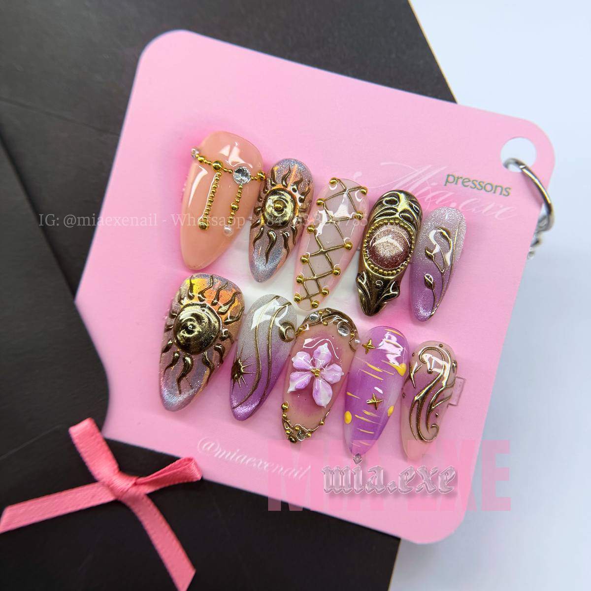 Press on Nails | Sun & Shimmer Cat Eye with Gold Charm & Mesh Art, Daily Nail Style, Stiletto Shape, Medium Length Luxury Handmade Fake Nails