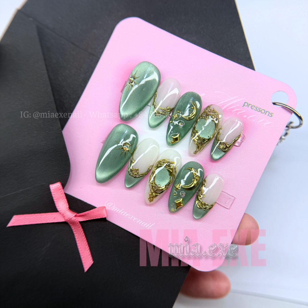 Press on Nails | Celestial Cat Eye with 3D Gold Chrome Baroque Art, Stiletto Shape, Medium Length Luxury Handmade Fake Nails