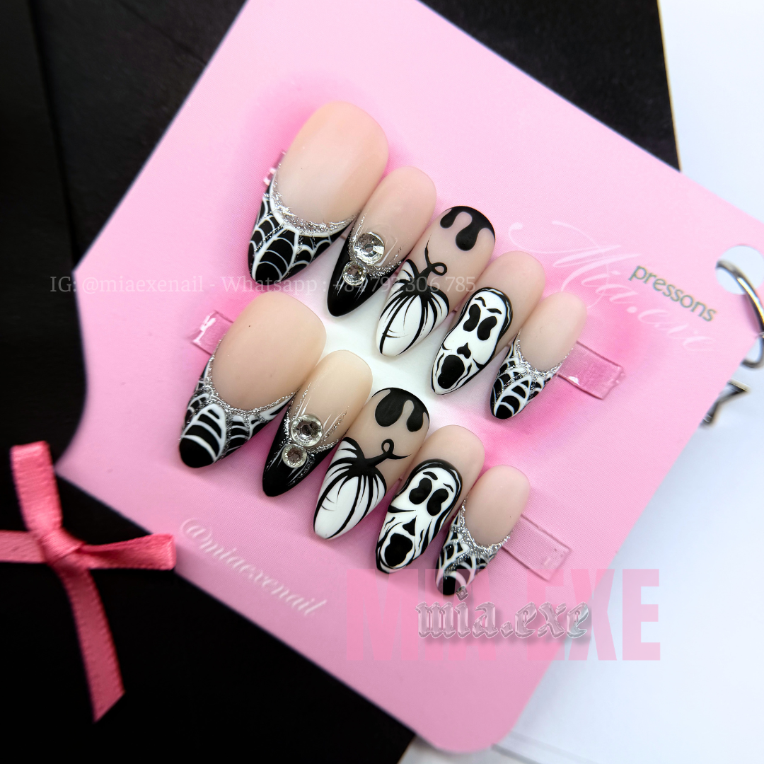 Press on Nails | Matte Spooky Halloween Ghostface & Spiderweb Art, Stiletto Shape, Medium Length Luxury Handmade Fake Nails