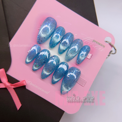 Press on Nails | Ocean Blue Cat Eye with Shimmering Magnetic Glow, Daily Nail Style, Almond Shape, Medium Length Luxury Handmade Fake Nails