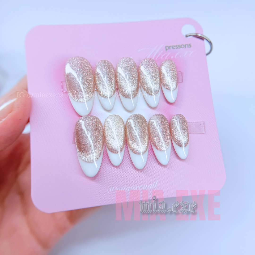 Press on Nails | Pink & Peach Cat Eye with Shimmering Magnetic Glow, Daily Nail Style, Almond Shape, Medium Length Luxury Handmade Fake Nails