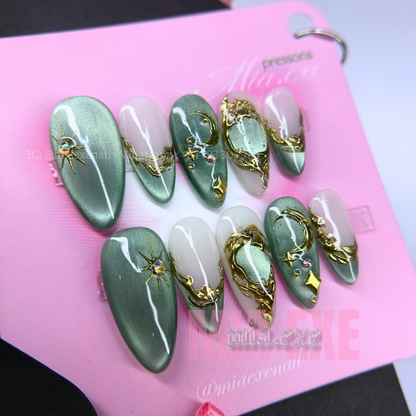 Press on Nails | Celestial Cat Eye with 3D Gold Chrome Baroque Art, Stiletto Shape, Medium Length Luxury Handmade Fake Nails