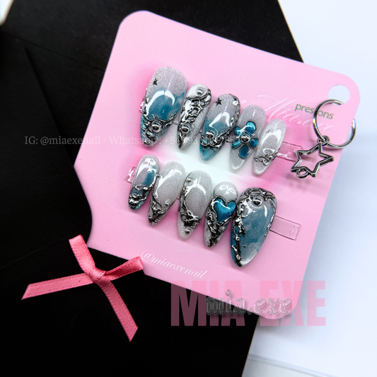 Press on Nails | Silver Cat Eye with Gothic Metal Art & Blue Gem Accents, Daily Nail Style, Almond Shape, Medium Length Luxury Handmade Fake Nails