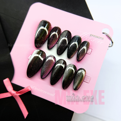 Press on Nails | Multi-Color Gradient Cat Eye with Shimmering Magnetic Glow, Daily Nail Style, Almond Shape, Medium Length Luxury Handmade Fake Nails